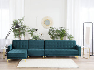 Corner Sofa Bed Teal Velvet Tufted Fabric Modern L-Shaped Modular 5 Seater Right Hand Chaise Longue Beliani