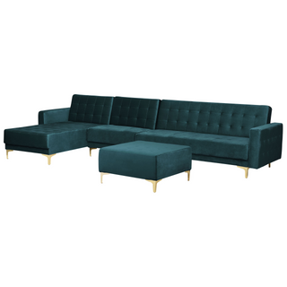 Corner Sofa Bed Teal Velvet Tufted Fabric Modern L-Shaped Modular 5 Seater with Ottoman Right Hand Chaise Longue Beliani