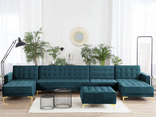 Corner Sofa Bed Teal Velvet Tufted Fabric Modern U-Shaped Modular 6 Seater with Ottoman Chaise Lounges Beliani