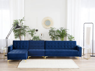 Corner Sofa Bed Navy Blue Velvet Tufted Fabric Modern L-Shaped Modular 5 Seater Right Hand Chaise Longue Beliani - Sofa In Store