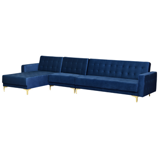 Corner Sofa Bed Navy Blue Velvet Tufted Fabric Modern L-Shaped Modular 5 Seater Right Hand Chaise Longue Beliani - Sofa In Store