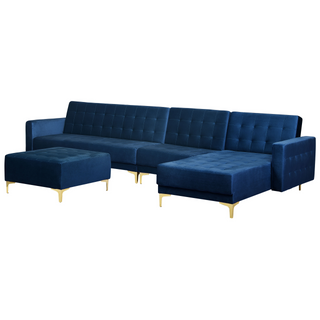 Corner Sofa Bed Navy Blue Velvet Tufted Fabric Modern L-Shaped Modular 5 Seater with Ottoman Left Hand Chaise Longue Beliani - Sofa In Store