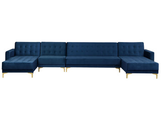 Corner Sofa Bed Navy Blue Velvet Tufted Fabric Modern U-Shaped Modular 6 Seater Chaise Lounges Beliani - Sofa In Store