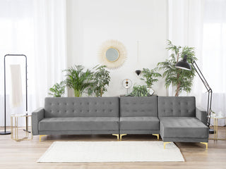 Corner Sofa Bed Grey Velvet Tufted Fabric Modern L-Shaped Modular 5 Seater Left Hand Chaise Longue Beliani - Sofa In Store