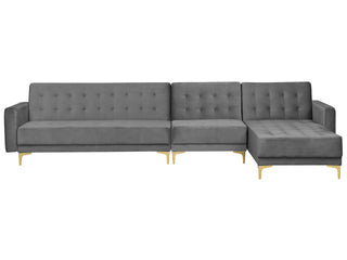 Corner Sofa Bed Grey Velvet Tufted Fabric Modern L-Shaped Modular 5 Seater Left Hand Chaise Longue Beliani - Sofa In Store