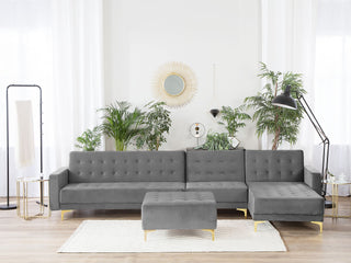 Corner Sofa Bed Grey Velvet Tufted Fabric Modern L-Shaped Modular 5 Seater with Ottoman Left Hand Chaise Longue Beliani - Sofa In Store