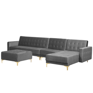 Corner Sofa Bed Grey Velvet Tufted Fabric Modern L-Shaped Modular 5 Seater with Ottoman Left Hand Chaise Longue Beliani - Sofa In Store
