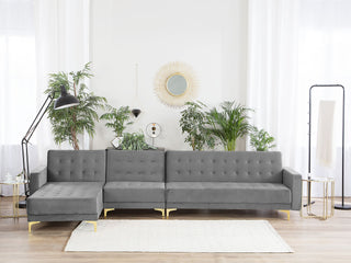 Corner Sofa Bed Grey Velvet Tufted Fabric Modern L-Shaped Modular 5 Seater Right Hand Chaise Longue Beliani - Sofa In Store