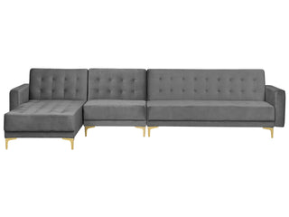 Corner Sofa Bed Grey Velvet Tufted Fabric Modern L-Shaped Modular 5 Seater Right Hand Chaise Longue Beliani - Sofa In Store