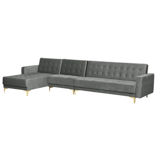 Corner Sofa Bed Grey Velvet Tufted Fabric Modern L-Shaped Modular 5 Seater Right Hand Chaise Longue Beliani - Sofa In Store