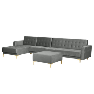 Corner Sofa Bed Grey Velvet Tufted Fabric Modern L-Shaped Modular 5 Seater with Ottoman Right Hand Chaise Longue Beliani - Sofa In Store