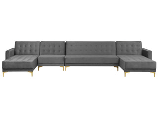 Corner Sofa Bed Grey Velvet Tufted Fabric Modern U-Shaped Modular 6 Seater with Chaise Lounges Beliani - Sofa In Store