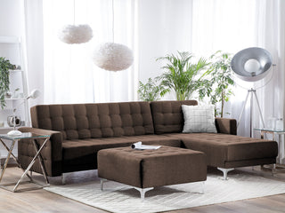 Corner Sofa Bed Brown Tufted Fabric Modern L-Shaped Modular 4 Seater with Ottoman Left Hand Chaise Longue Beliani