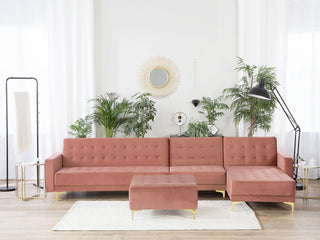 Corner Sofa Bed Pink Velvet Tufted Fabric Modern L-Shaped Modular 5 Seater with Ottoman Left Hand Chaise Longue Beliani - Sofa In Store