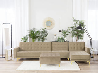 Corner Sofa Bed Beige Velvet Tufted Fabric Modern L-Shaped Modular 5 Seater with Ottoman Left Hand Chaise Longue Beliani - Sofa In Store