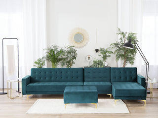 Corner Sofa Bed Teal Velvet Tufted Fabric Modern L-Shaped Modular 5 Seater with Ottoman Left Hand Chaise Longue Beliani