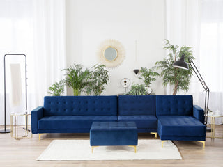 Corner Sofa Bed Navy Blue Velvet Tufted Fabric Modern L-Shaped Modular 5 Seater with Ottoman Left Hand Chaise Longue Beliani - Sofa In Store