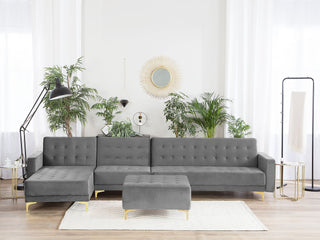 Corner Sofa Bed Grey Velvet Tufted Fabric Modern L-Shaped Modular 5 Seater with Ottoman Right Hand Chaise Longue Beliani - Sofa In Store
