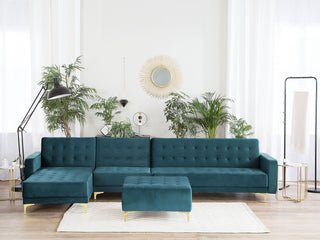 Corner Sofa Bed Teal Velvet Tufted Fabric Modern L-Shaped Modular 5 Seater with Ottoman Right Hand Chaise Longue Beliani