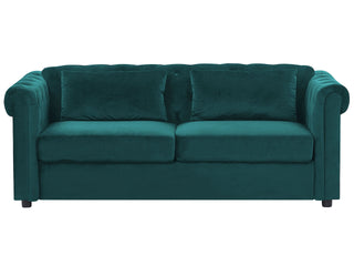 3 Seater Sofa Bed | Green Velvet Fabric | Dark Wood Legs | Contemporary Design | Chesterfield - Sofa In Store