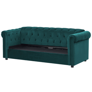 3 Seater Sofa Bed | Green Velvet Fabric | Dark Wood Legs | Contemporary Design | Chesterfield - Sofa In Store