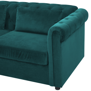 3 Seater Sofa Bed | Green Velvet Fabric | Dark Wood Legs | Contemporary Design | Chesterfield - Sofa In Store