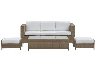 Outdoor Sofa Set Brown Faux Rattan 3 Seater Sofa with Table and 2 Ottomans White Cushions  Beliani - Sofa In Store