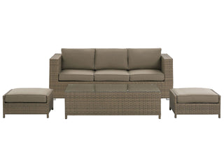 Outdoor Sofa Set Brown Faux Rattan 3 Seater Sofa with Table and 2 Ottomans with Cushions  Beliani - Sofa In Store