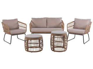 Garden Sofa Set Beige Cushions Faux Rattan Outdoor 4 Seater 2 Coffee Tables Beliani - Sofa In Store
