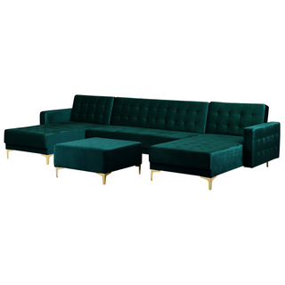 Corner Sofa Bed Teal Velvet Tufted Fabric Modern U-Shaped Modular 5 Seater with Ottoman Chaise Lounges Beliani