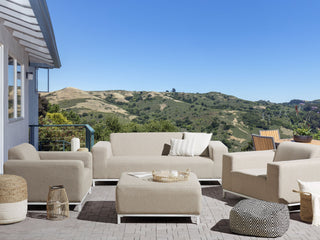 Garden Sofa Set Beige Fabric Upholstery White Aluminium Legs with Ottoman 5 Seater Weather Resistant Outdoor Beliani - Sofa In Store