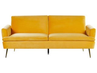 Velvet Sofa Bed Yellow 3 Seater Click Clack Golden Metal Legs Beliani - Sofa In Store