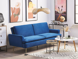 Velvet Sofa Bed Navy Blue 3 Seater Click Clack Golden Metal Legs Beliani - Sofa In Store