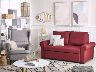 Sofa Bed Burgundy Red Polyester Fabric 2 Seater Pull-Out Convertible Sleeper Retro Beliani - Sofa In Store