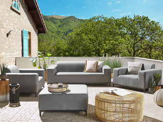 Garden Sofa Set Beige Fabric Upholstery Black Aluminium Legs with Ottoman 5 Seater Weather Resistant Outdoor Beliani - Sofa In Store
