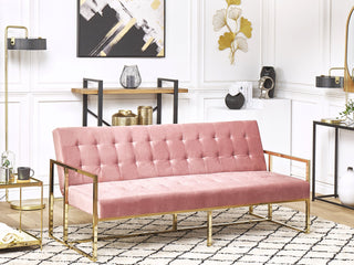 Sofa Bed Gold Metal Frame Tufted Pink Velvet Upholstery Retro Style Couche Settee Living Room Beliani