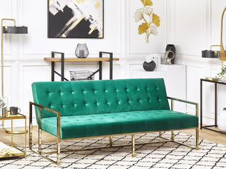 Sofa Bed Green Velvet Tufted Upholstery 3 Seater Gold Metal Frame with Armrests Retro Style Beliani