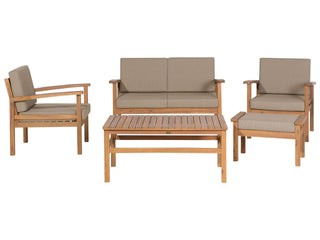 5 Piece Garden Set | Light Wood | Light Grey Cushions | Sofa Armchair & Coffee Table - Sofa In Store