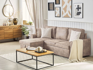 Corner Sofa Bed Brown Faux Leather Upholstered Right Hand Orientation with Storage Bed Beliani