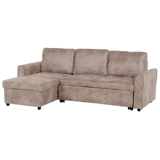 Corner Sofa Bed Brown Faux Leather Upholstered Right Hand Orientation with Storage Bed Beliani