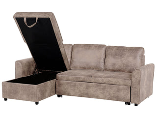 Corner Sofa Bed Brown Faux Leather Upholstered Right Hand Orientation with Storage Bed Beliani