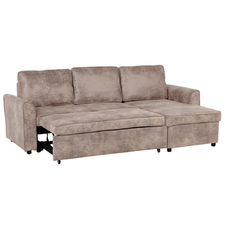 Corner Sofa Bed Brown Faux Leather Upholstered Left Hand Orientation with Storage Bed Beliani