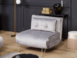 Small Sofa Bed Grey Velvet 1 Seater Fold-Out Sleeper Armless With Cushion Metal Gold Legs Glamour Beliani