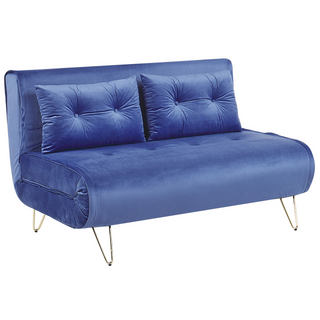 Sofa Bed Navy Blue Velvet 2 Seater Fold-Out Sleeper Armless With 2 Cushions Metal Gold Legs Glamour Beliani - Sofa In Store