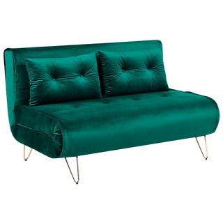 Sofa Bed Dark Green Velvet 2 Seater Fold-Out Sleeper Armless With 2 Cushions Metal Gold Legs Glamour Beliani - Sofa In Store