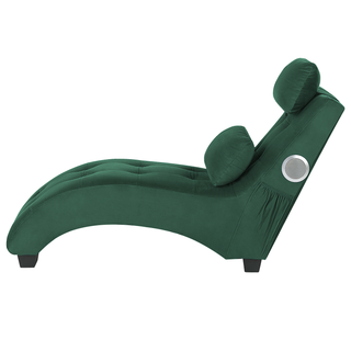 The Beliani SOFAINSTORE Maestro Green Velvet Chaise Lounge features a modern curved design, two matching pillows, Bluetooth speakers, and a USB port for convenient tech integration.