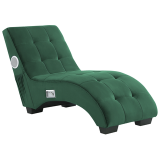 The Beliani SOFAINSTORE Maestro Green Velvet Chaise Lounge features tufted cushions, built-in Bluetooth speakers, a USB port, and modern tech design on short black legs.