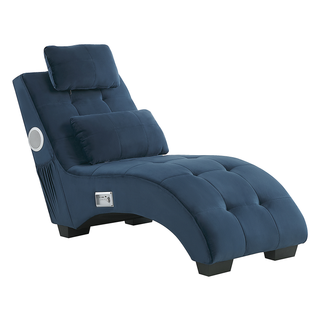 The Beliani SOFAINSTORE Blue Velvet Fabric Chaise Lounge features tufted upholstery, cushioned headrest, inbuilt Bluetooth speakers, USB charging port, and side pocket—blending comfort and modern convenience.
