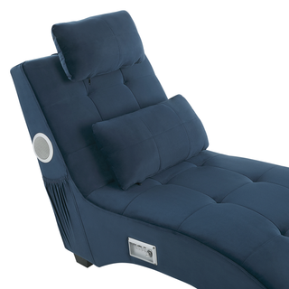 The Beliani SOFAINSTORE Blue Velvet Fabric Chaise Lounge features tufted upholstery, cushioned headrest, lumbar pillow, inbuilt Bluetooth speakers, a USB charging port, control panel, and an armrest side pocket.