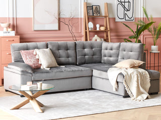 Corner Sofa Bed Grey Velvet Tufted Upholstery Left Hand Sleeper Sofa with Storage Beliani - Sofa In Store
